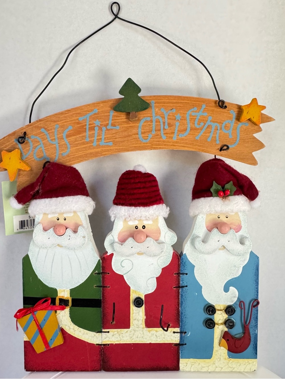 Holiday 'Days Til Christmas' Santa Countdown Wall Hanging - Red, Green, Blue Vtg